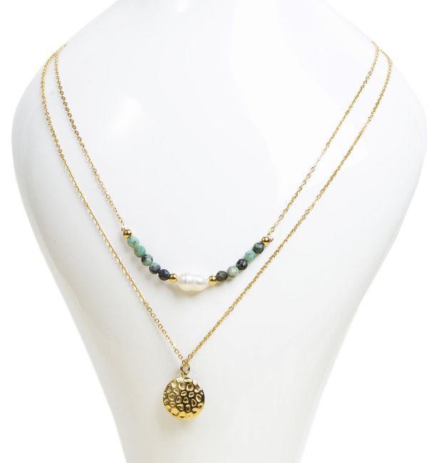 Gold Stainless Steel Chain Necklace Double Row Faceted Natural African Turquoise A
