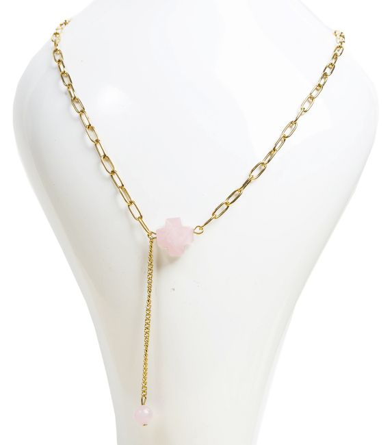Gold Stainless Steel Chain Necklace with Faceted Rose Quartz Cross Pendant