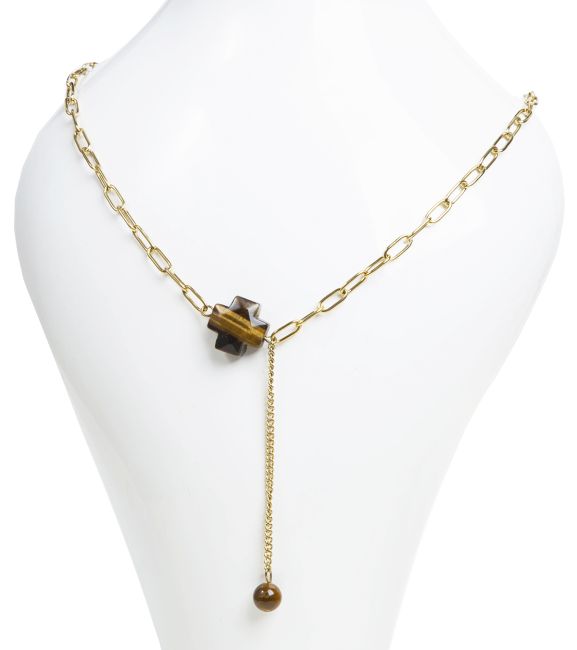 Gold Stainless Steel Chain Necklace with Faceted Tiger's Eye Cross Pendant