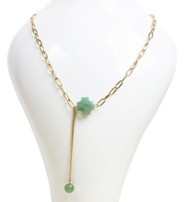 Gold Stainless Steel Chain Necklace with Faceted Green Aventurine Cross Pendant