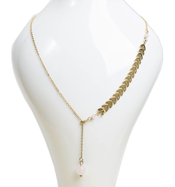 Gold Feather Chain Necklace in Y Shape Stainless Steel Rose Quartz A 8mm