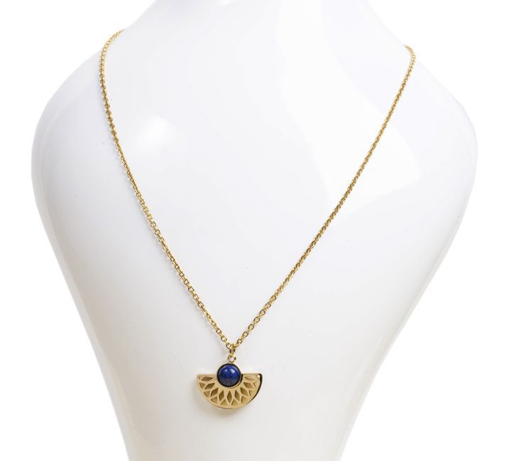 Stainless Steel Necklace with Aztec Lapis Lazuli Pendant AA 6mm