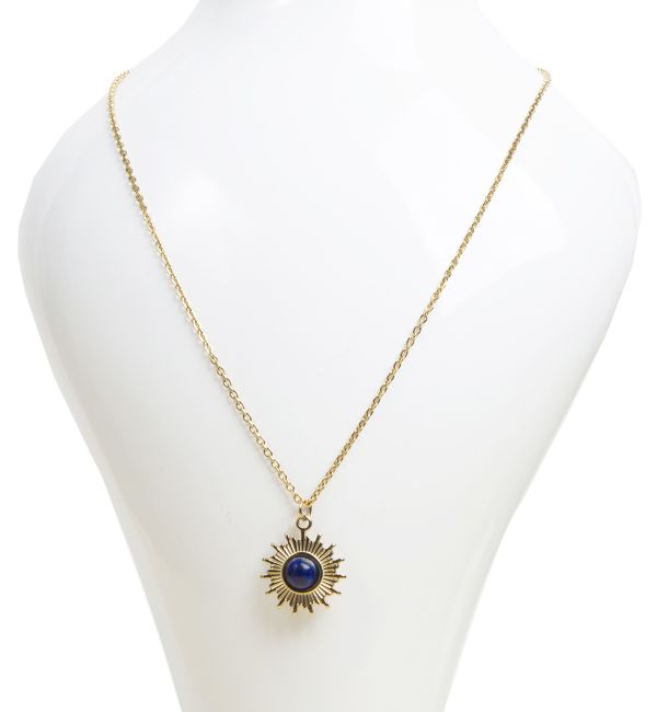 Gold Stainless Steel Chain Necklace with Lapis Lazuli Sun Pendant A