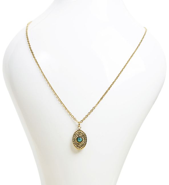 Gold Stainless Steel Chain Necklace with Oval Turquénite Pendant A