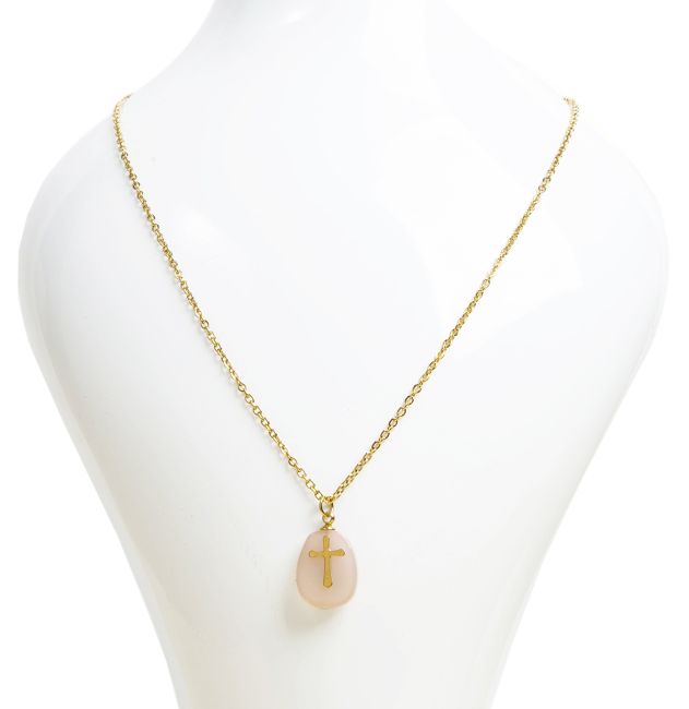 Gold Stainless Steel Aventurine Peach A & Cross Chain Necklace