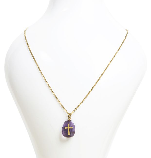 Gold Stainless Steel Amethyst A & Cross Chain Necklace