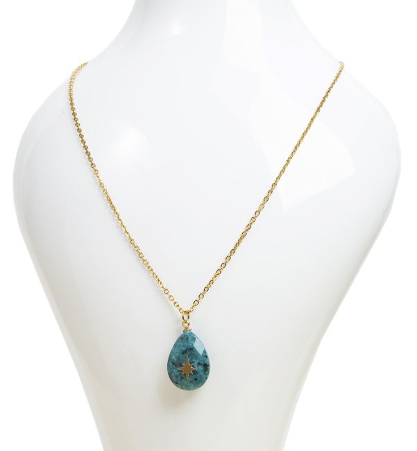 Gold Stainless Steel Chain Necklace with Faceted Natural African Turquoise & Star Pendant