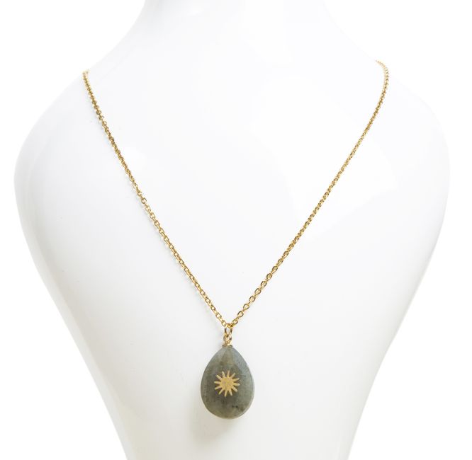 Gold Stainless Steel Chain Necklace with Faceted Labradorite & Sun Pendant