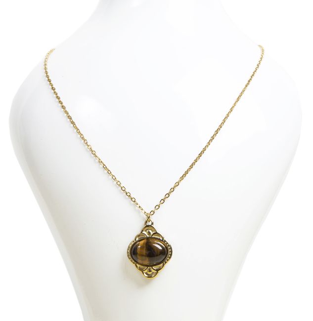 Gold Stainless Steel Tiger Eye Necklace A