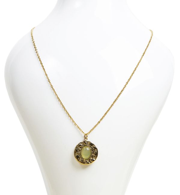 Gold Stainless Steel Necklace with Round Green Aventurine Pendant A