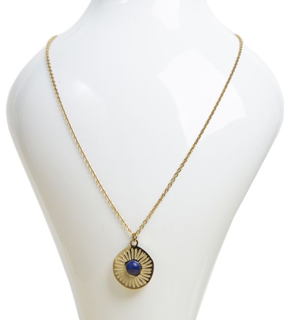 Gold Stainless Steel Necklace with Round Sun Lapis Lazuli Pendant A