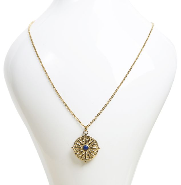 Golden Stainless Steel Necklace Sun Lapis Lazuli A