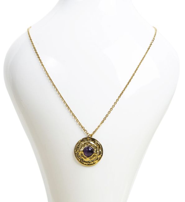Gold Stainless Steel Necklace with Round Amethyst Pendant A