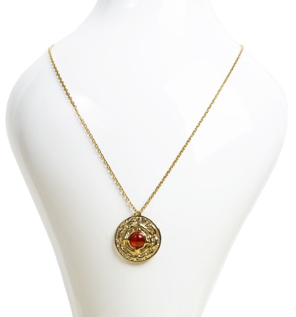 Gold Stainless Steel Necklace with Round Red Agate Pendant A