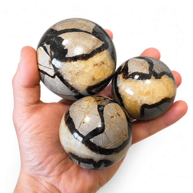 incense at 3 polished Septaria spheres, 1.130kg