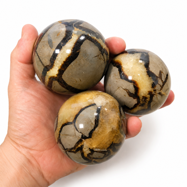 incense at 3 polished Septaria spheres, 1.330kg
