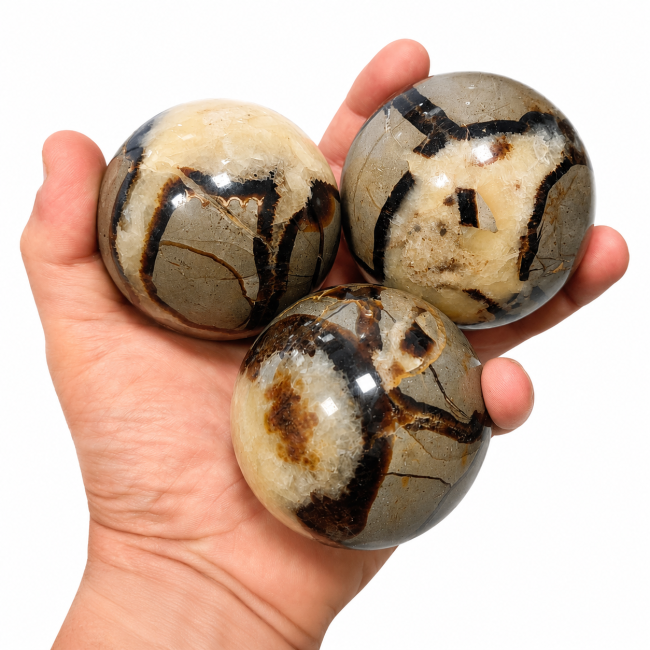 incense at 3 polished Septaria spheres, 1.330kg