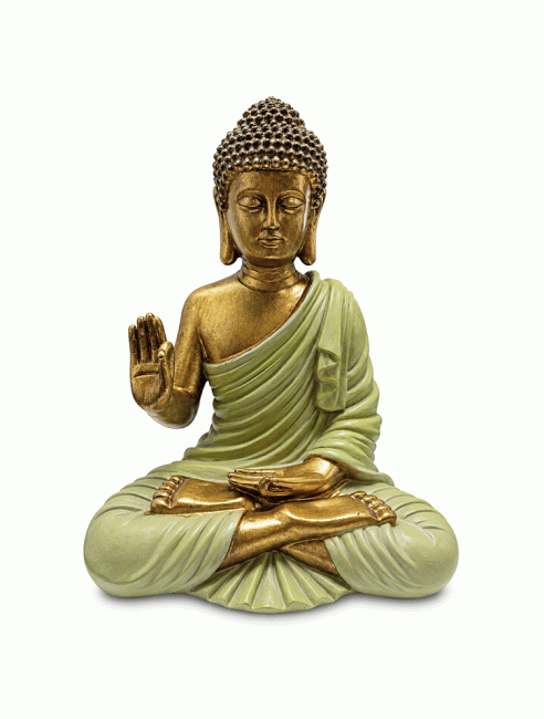 incense at Dark Green and Gold Resin Abhaya Buddha Statue 31 cm