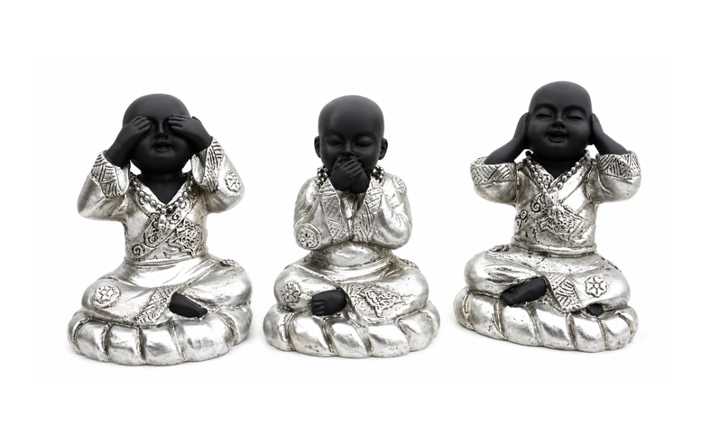 incense at Set of 3 Black and Silver Resin Wise Monk Statues 8cm