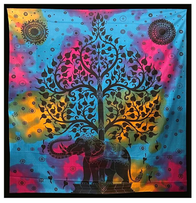 Tree of Life & Elephant Tapestry Turquoise Pink Mauve