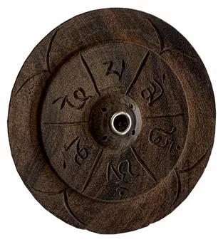 Tibetan chiseled round wooden incense holder 10cm