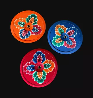 Round Tibetan painted wooden incense holder with blue flower, 9.50cm