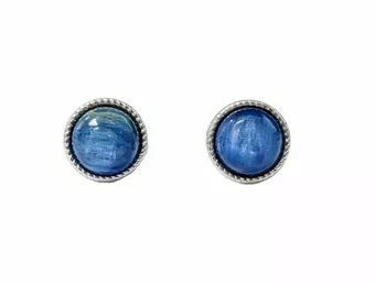 Round Earrings in White Copper Natural Blue Kyanite AAA stud