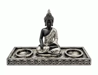Silver and Black Resin Meditating Buddha Candle Holder 22 cm