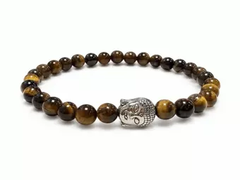Tiger Eye A Bracelet with Silver-Tone Buddha and Round Beads 6 mm