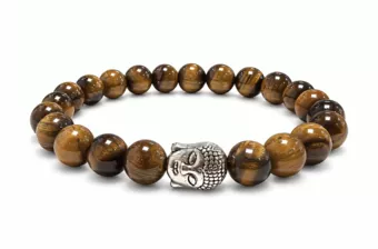 Tiger Eye A Bracelet with Silver-Tone Buddha and Round Beads 8 mm