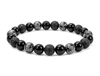 Snowflake Obsidian, Lava Stone & Black Onyx Bracelet A 8mm Bead