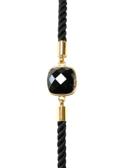 Faceted Square Black Obsidian Brass Rope Bracelet 11mm