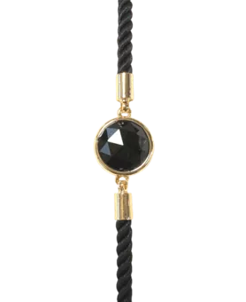 Round Faceted Black Obsidian Brass Rope Bracelet 12mm