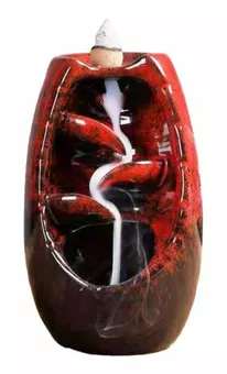 Red Ceramic Backflow Incense Holder Cascade of Leaves 13cm