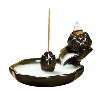 Brown Ceramic Backflow Incense Holder Lotus Flowers 13cm