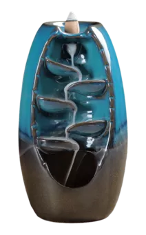 Backflow Incense Holder Blue-Brown Ceramic Leaf Cascade 20cm