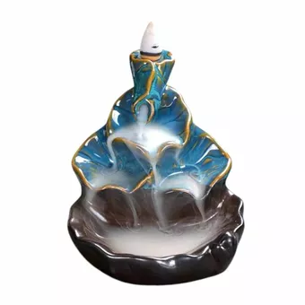 Backflow Ceramic Incense Holder Waterfall Blue Lotus Leaves 10cm