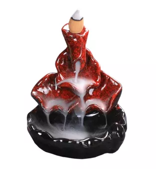 Backflow Ceramic Incense Holder Waterfall Red Lotus Leaves 10cm