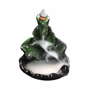 Backflow Ceramic Incense Holder with Cascade Design and Green Lotus Leaves, 10cm