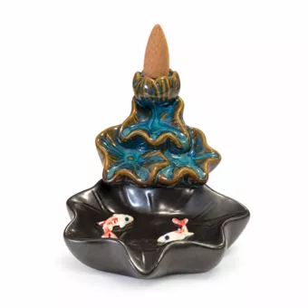 Ceramic backflow incense holder, cascading lotus leaves and fish design, 9.5 cm