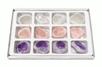 Display of 12 Emma Eggs in Rough and Polished Quartz 2-3 cm