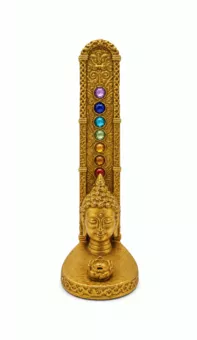 Golden Buddha Head Incense Holder with 7 Chakras in Resin 17 cm