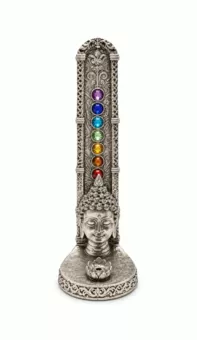 Silver Resin Buddha Head Incense Holder with 7 Chakras, 17 cm
