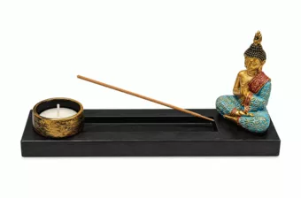 Multicolored Buddha Meditation Incense Holder and Candle Holder in Wood and Resin, 24 cm