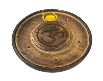 Chiseled Round Wooden Incense Holder Om 10cm x10