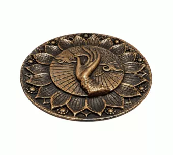 Round Hand Om Lotus Incense Holder in Copper-Toned Resin 10 cm