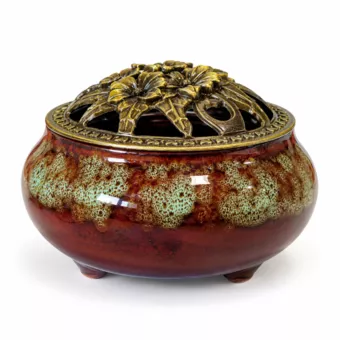 Green reactive glaze ceramic incense holder, 10 cm