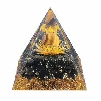 Orgonite Pyramid with Tiger's Eye and Black Obsidian Lotus, 8cm
