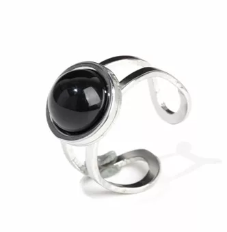 Silver Stainless Steel Ring Black Onyx A round
