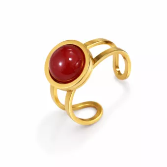 Round Gold-Plated Stainless Steel Ring with Red Agate